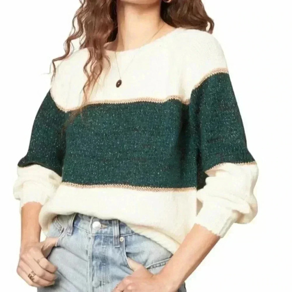 BB Dakota Sweaters - BB Dakota Aesthetic Dept. Ivory Metallic Green Colorblock Stripe Sweater Small